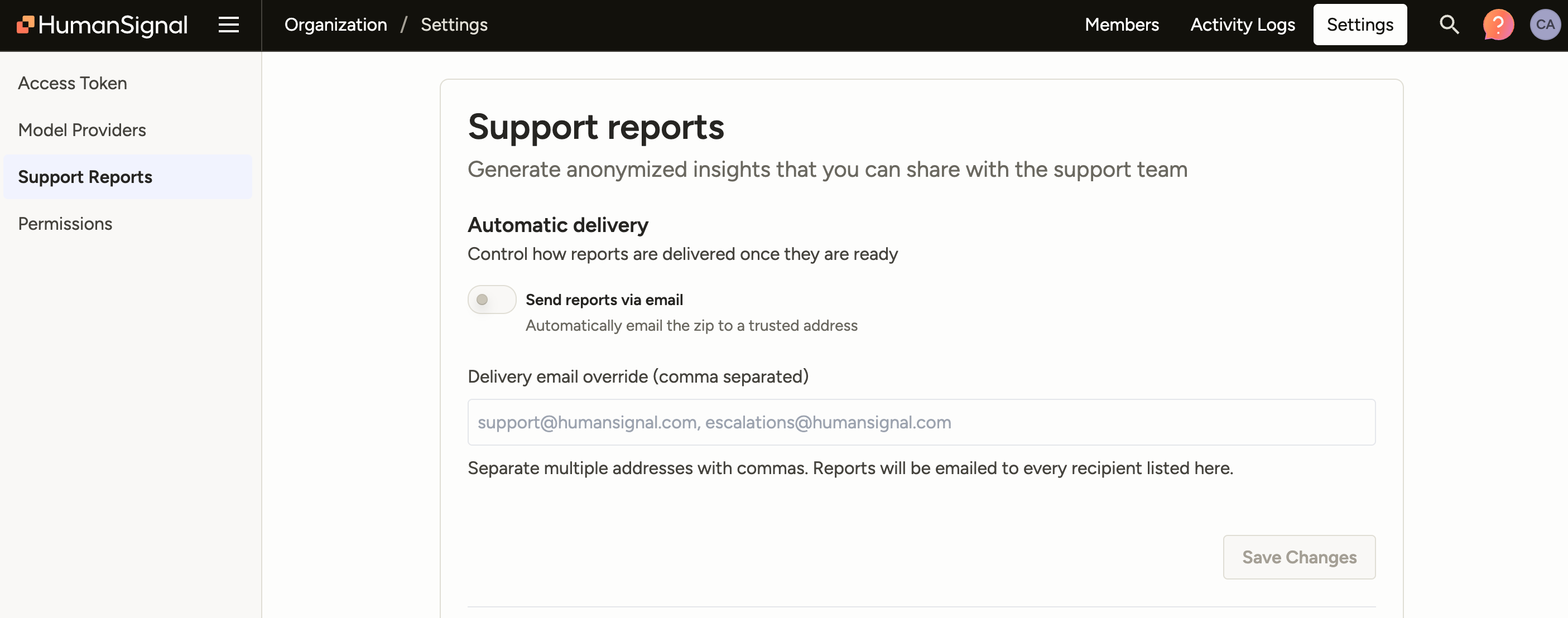 Screenshot of support reports page