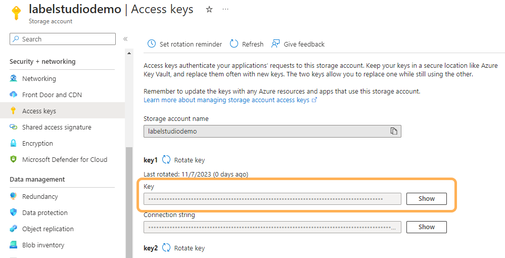 Screenshot of the Azure portal access keys page