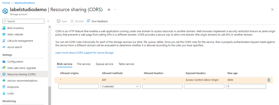 Screenshot of the Azure portal page for configuring CORS