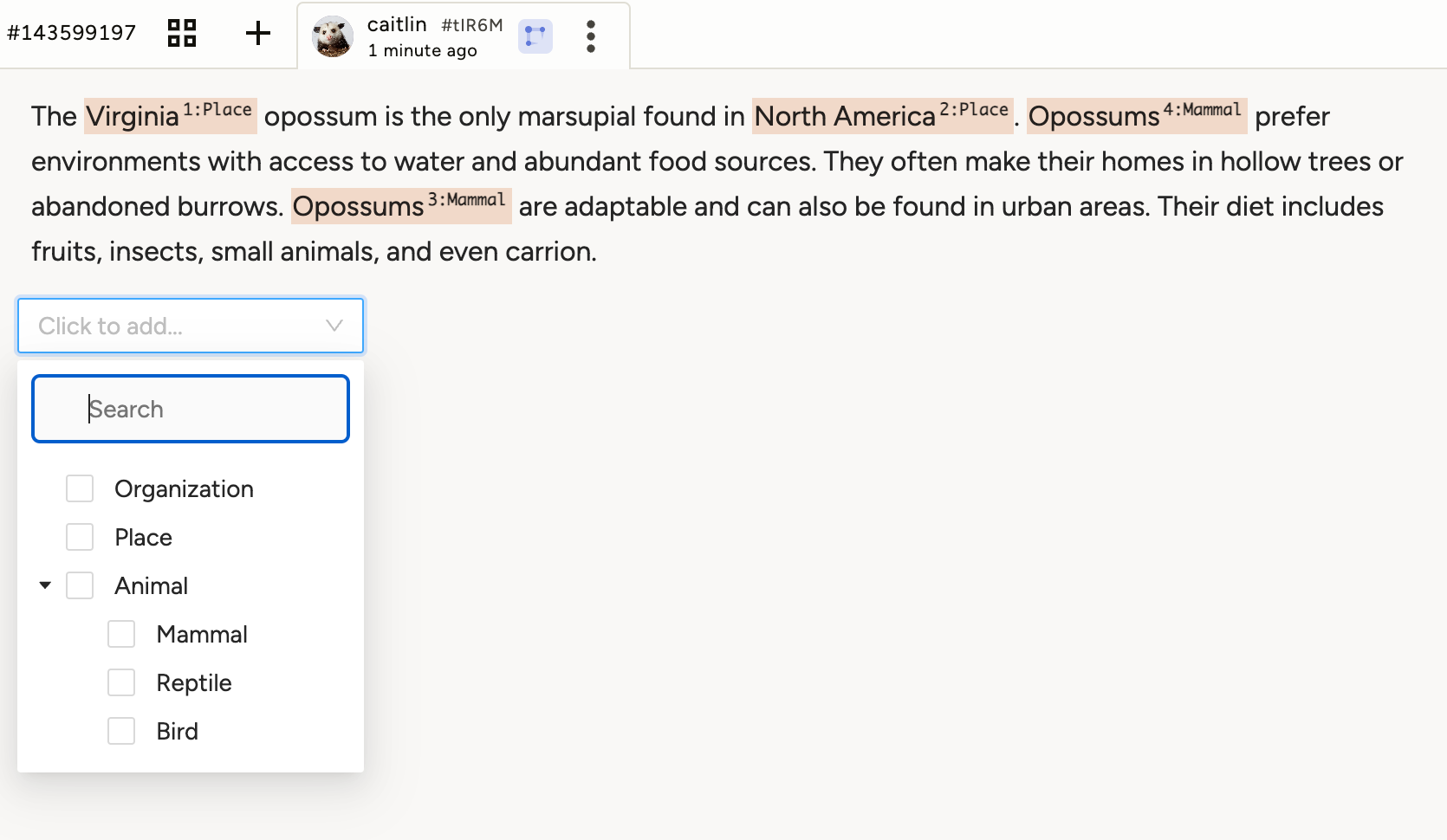 Screenshot of taxonomy as labeling tool