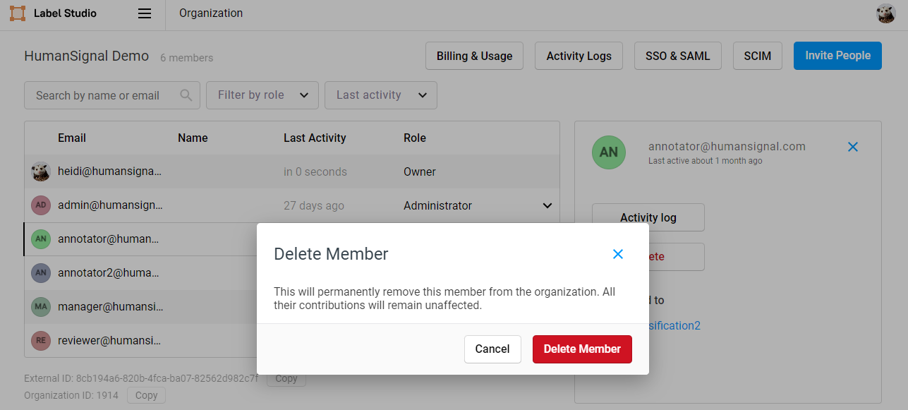Screenshot of user delete action